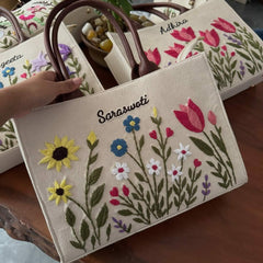 Women's Floral Embroidered Canvas Tote Bag with Brown Handles