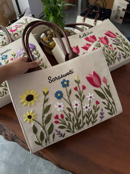 Women's Floral Embroidered Canvas Tote Bag with Brown Handles