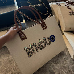 Women's Embellished Canvas Tote Bag with Chain Strap and Brown Handles