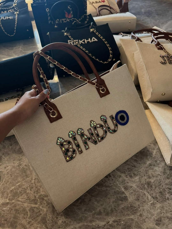 Women's Embellished Canvas Tote Bag with Chain Strap and Brown Handles