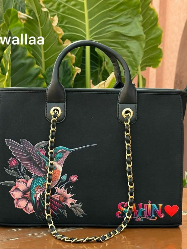Women's Hummingbird Printed Tote Bag with Chain Handles
