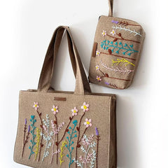 Women's Floral Embroidered Tote Bag with Matching Pouch