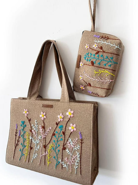 Women's Floral Embroidered Tote Bag with Matching Pouch