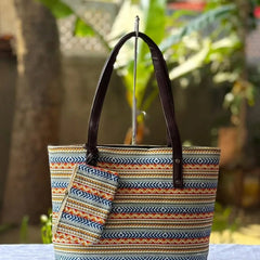 Women's Geometric Printed Tote Bag with Matching Pouch