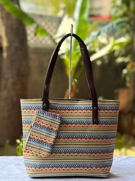 Women's Geometric Printed Tote Bag with Matching Pouch