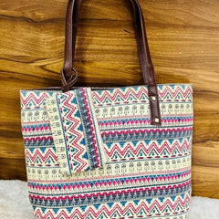 Women's Geometric Printed Tote Bag with Matching Pouch