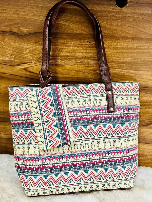 Women's Geometric Printed Tote Bag with Matching Pouch