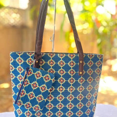 Blue Geometric Print Tote Bag with Matching Pouch