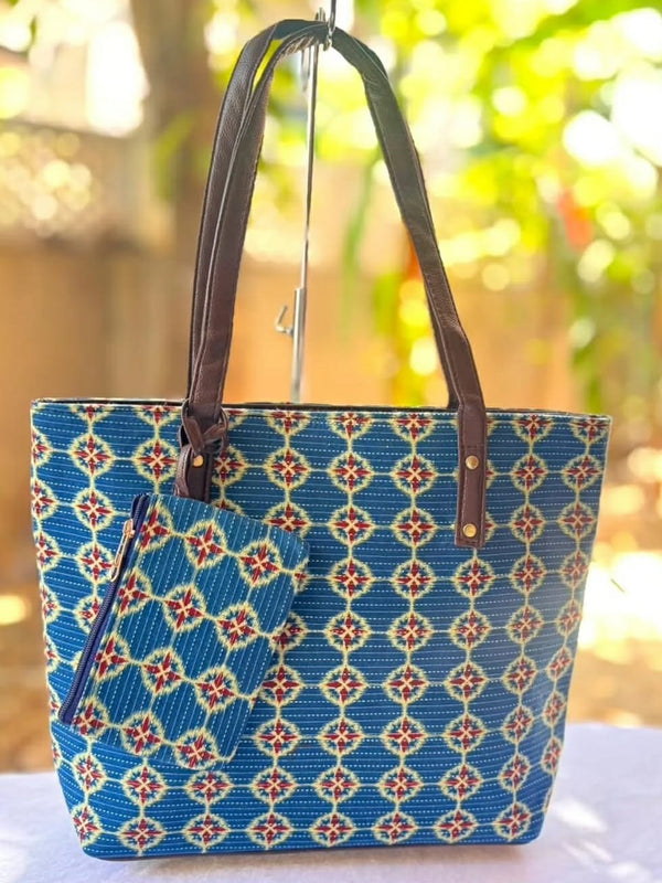 Blue Geometric Print Tote Bag with Matching Pouch