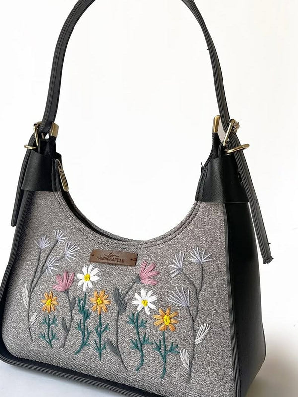 Women's Floral Embroidered Grey Shoulder Bag