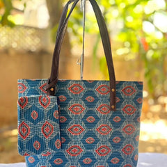 Blue Ethnic Printed Tote Bag with Matching Pouch