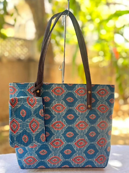 Blue Ethnic Printed Tote Bag with Matching Pouch