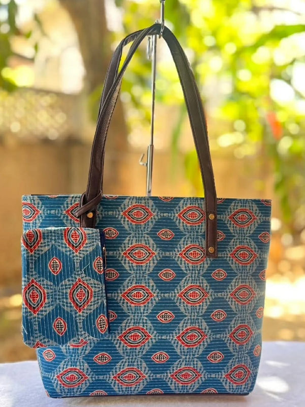 Blue Ethnic Printed Tote Bag with Matching Pouch