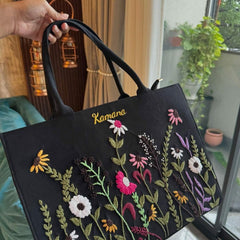 Black Floral Embroidered Tote Bag with Dual Handles