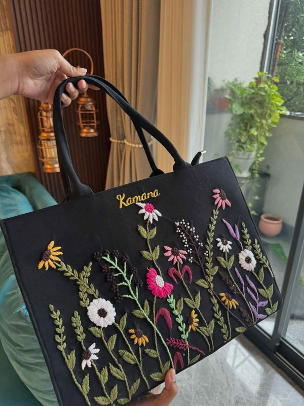 Black Floral Embroidered Tote Bag with Dual Handles