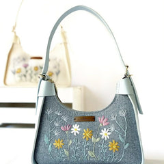 Grey Floral Embroidered Hobo Shoulder Bag with Contrast Trim
