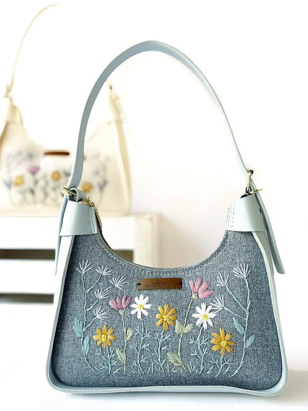 Grey Floral Embroidered Hobo Shoulder Bag with Contrast Trim
