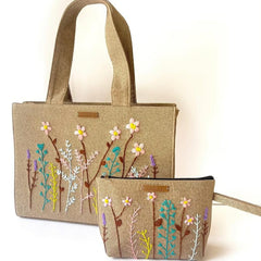 Floral Embroidered Tote Bag with Matching Pouch