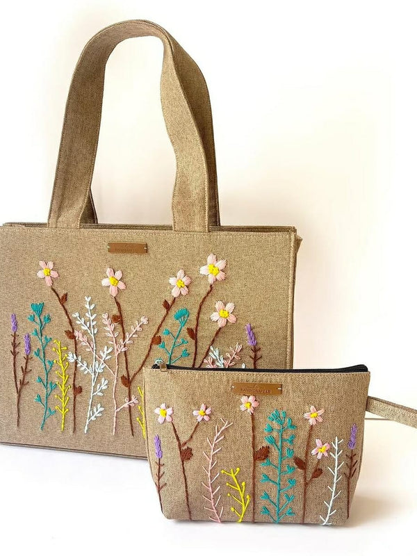 Floral Embroidered Tote Bag with Matching Pouch