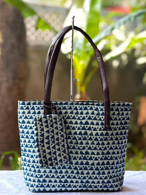 Geometric Printed Tote Bag with Matching Pouch
