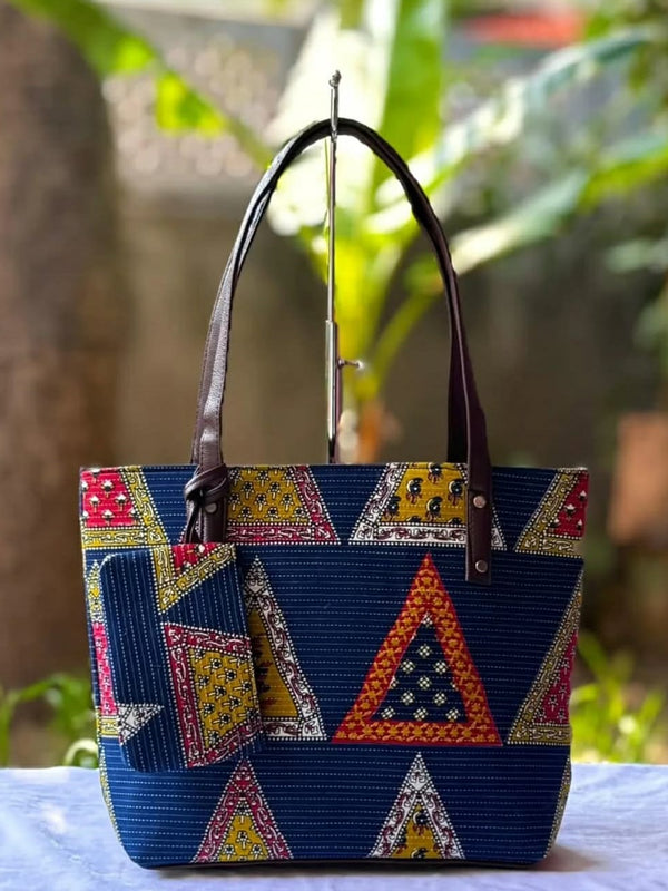 Geometric Printed Tote Bag with Matching Pouch