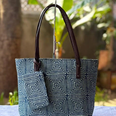 Blue Geometric Printed Tote Bag with Matching Pouch