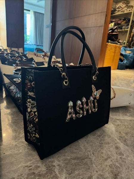 Black Embellished Tote Bag with Butterfly Detail