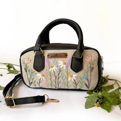 Floral Embroidered Beige Mini Boston Handbag