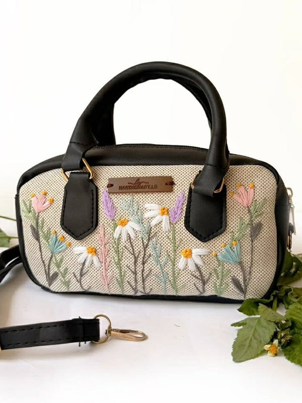 Floral Embroidered Beige Mini Boston Handbag