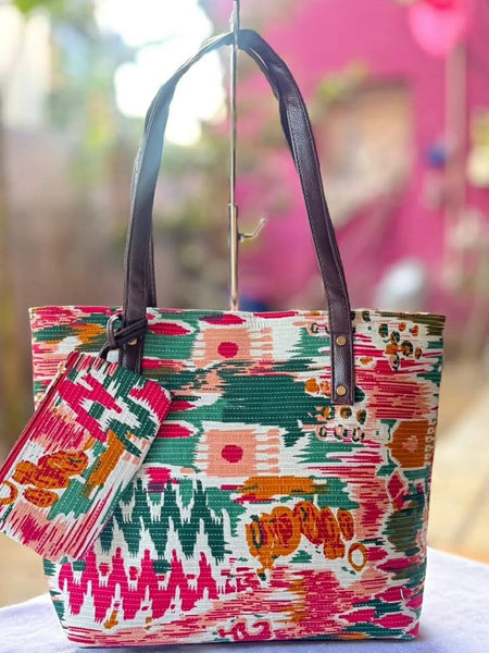 Multicolour Printed Tote Bag with Matching Pouch