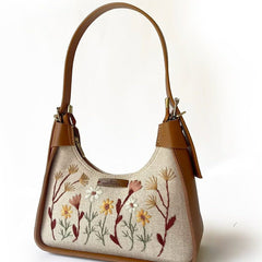 Beige Embroidered Floral Shoulder Bag with Brown Handles