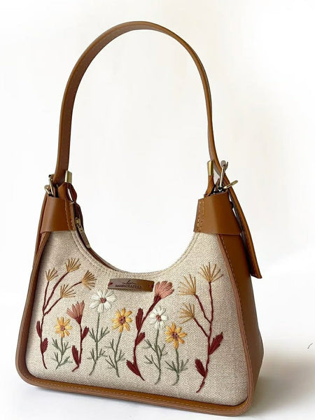 Beige Embroidered Floral Shoulder Bag with Brown Handles