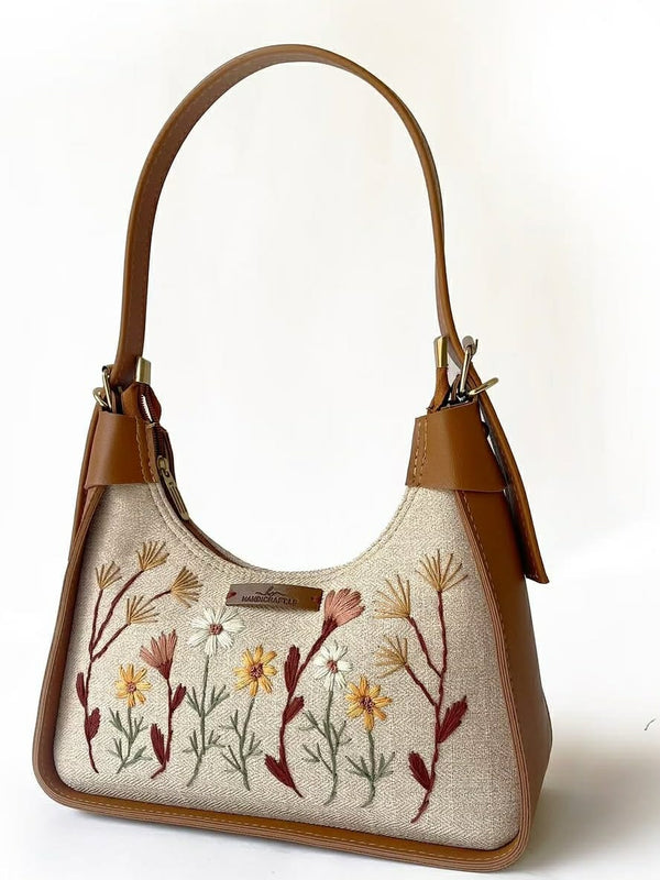 Beige Embroidered Floral Shoulder Bag with Brown Handles