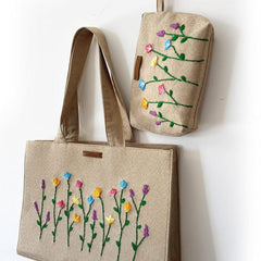 Floral Embroidered Tote Bag with Matching Pouch