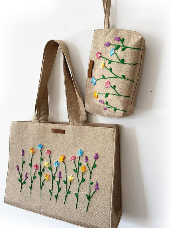 Floral Embroidered Tote Bag with Matching Pouch