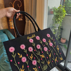Black Floral Embroidered Tote Bag with Personalized Name