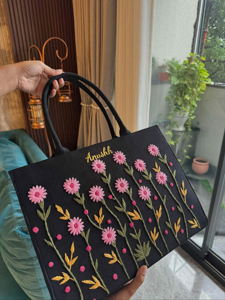 Black Floral Embroidered Tote Bag with Personalized Name