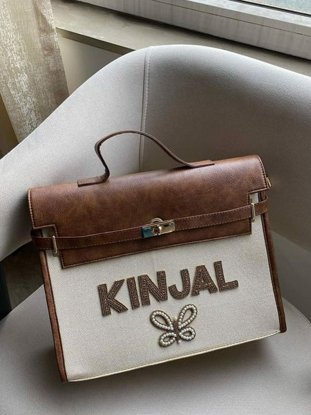 Personalized Beige and Brown Structured Handbag with Name Embellishment