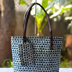 Blue Geometric Print Tote Bag with Matching Pouch