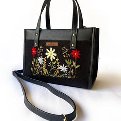 Floral Embroidered Structured Tote Bag with Detachable Strap