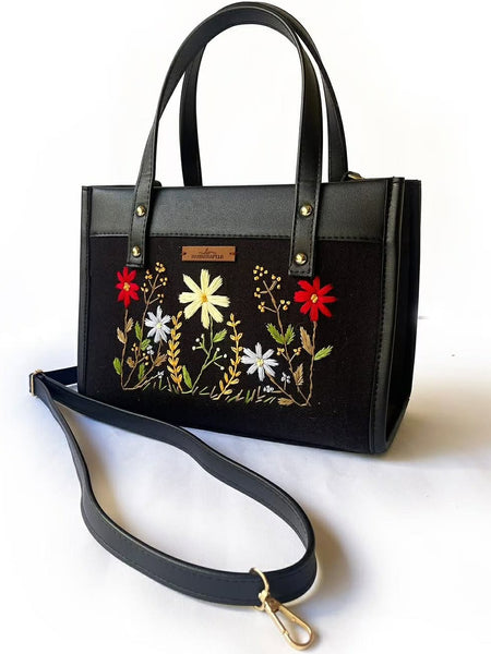 Floral Embroidered Structured Tote Bag with Detachable Strap