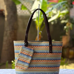 Geometric Printed Tote Bag with Matching Pouch