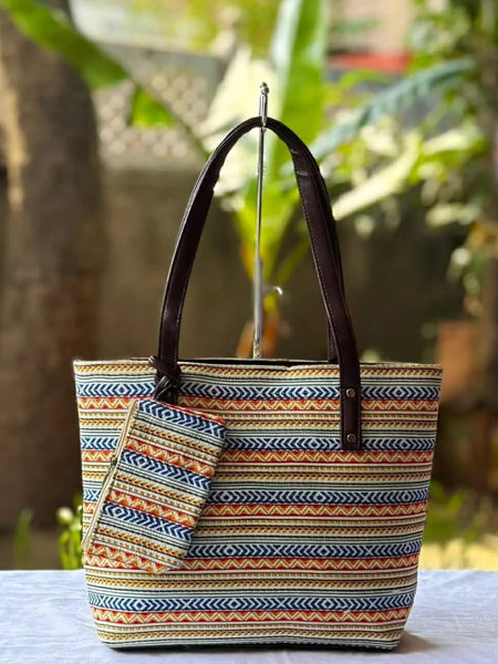 Geometric Printed Tote Bag with Matching Pouch