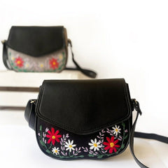 Black Floral Embroidered Sling Bag with Flap Closure
