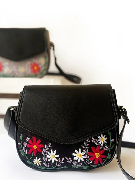 Black Floral Embroidered Sling Bag with Flap Closure