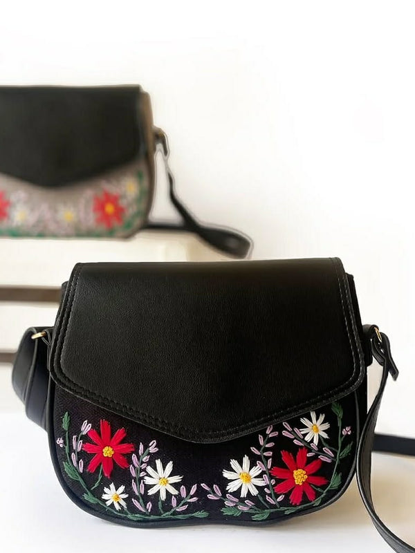 Black Floral Embroidered Sling Bag with Flap Closure