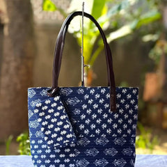 Navy Blue Printed Tote Bag with Brown Handles