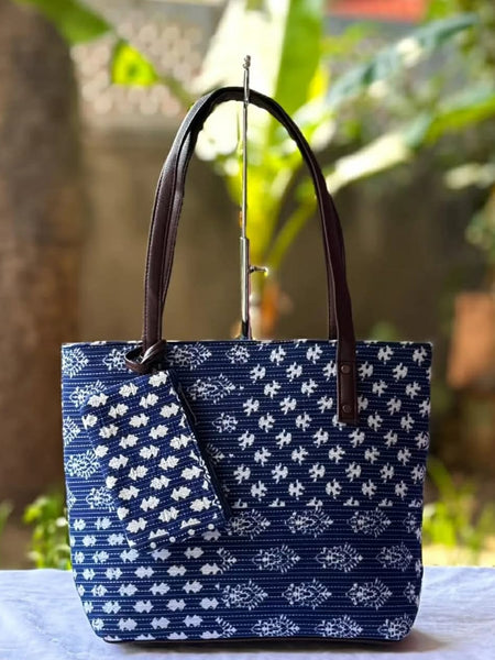 Navy Blue Printed Tote Bag with Brown Handles