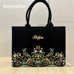 Black Floral Printed Tote Bag with Personalized Name