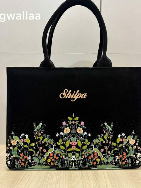 Black Floral Printed Tote Bag with Personalized Name